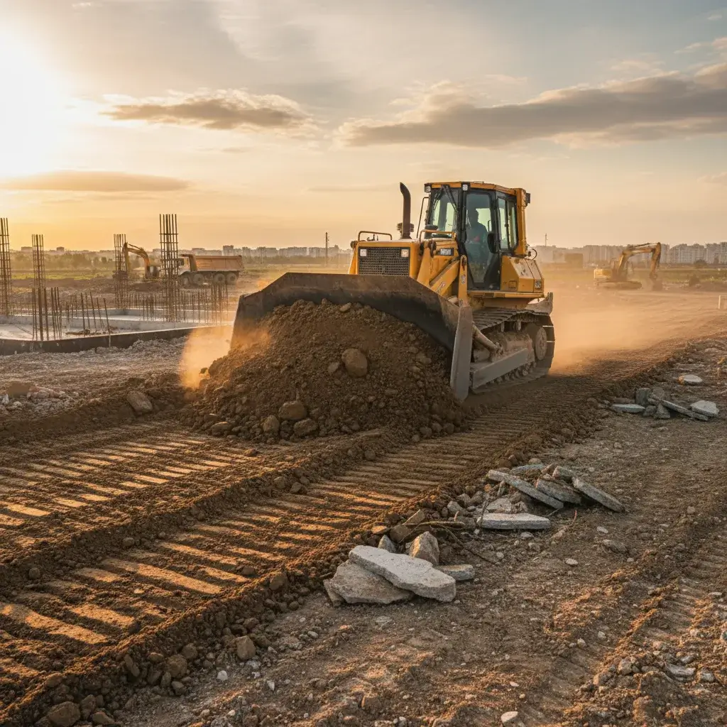 Bulldozer leveling ground at construction site