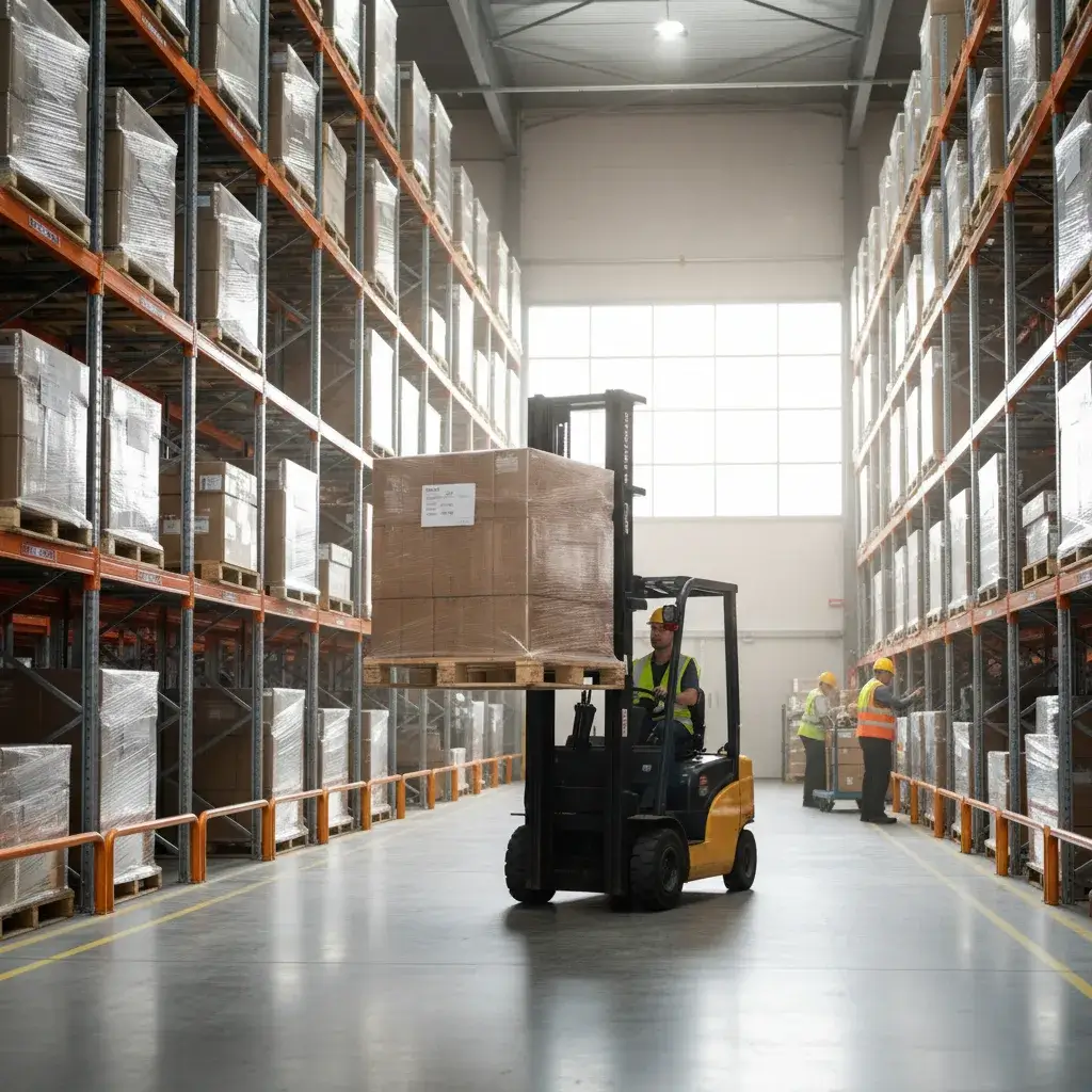 Forklift handling materials in warehouse