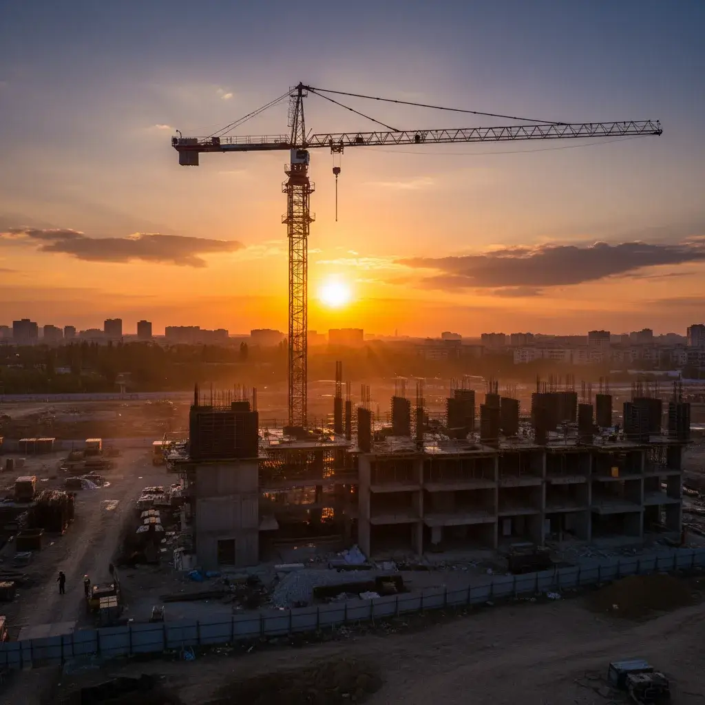 Tower crane at construction site during sunset